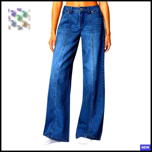 Denim - High Waisted Wide Leg Jeans Stretchy Front Seam Denim Pants Y2K Chic